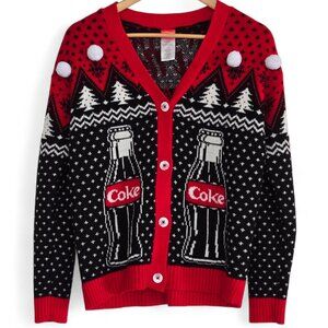 Coca Cola Knitted Ugly Christmas Sweater Women V Neck Cardigan Pom Pom Coke XS